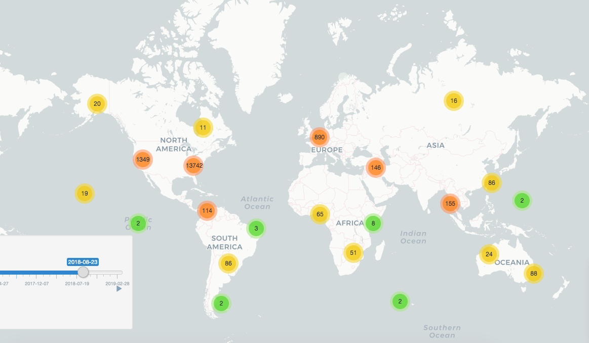 Map of the world with bubbles representing number of tweets