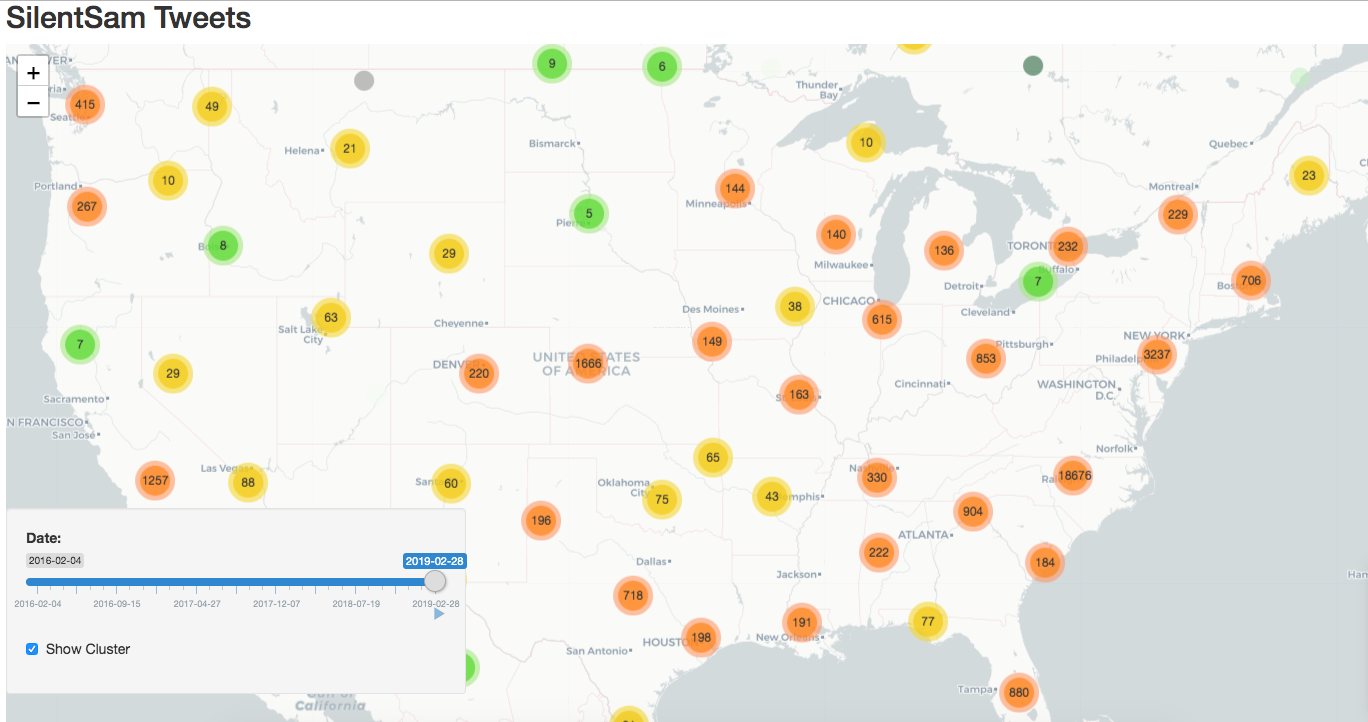 Map of United States with bubbles representing number of tweets